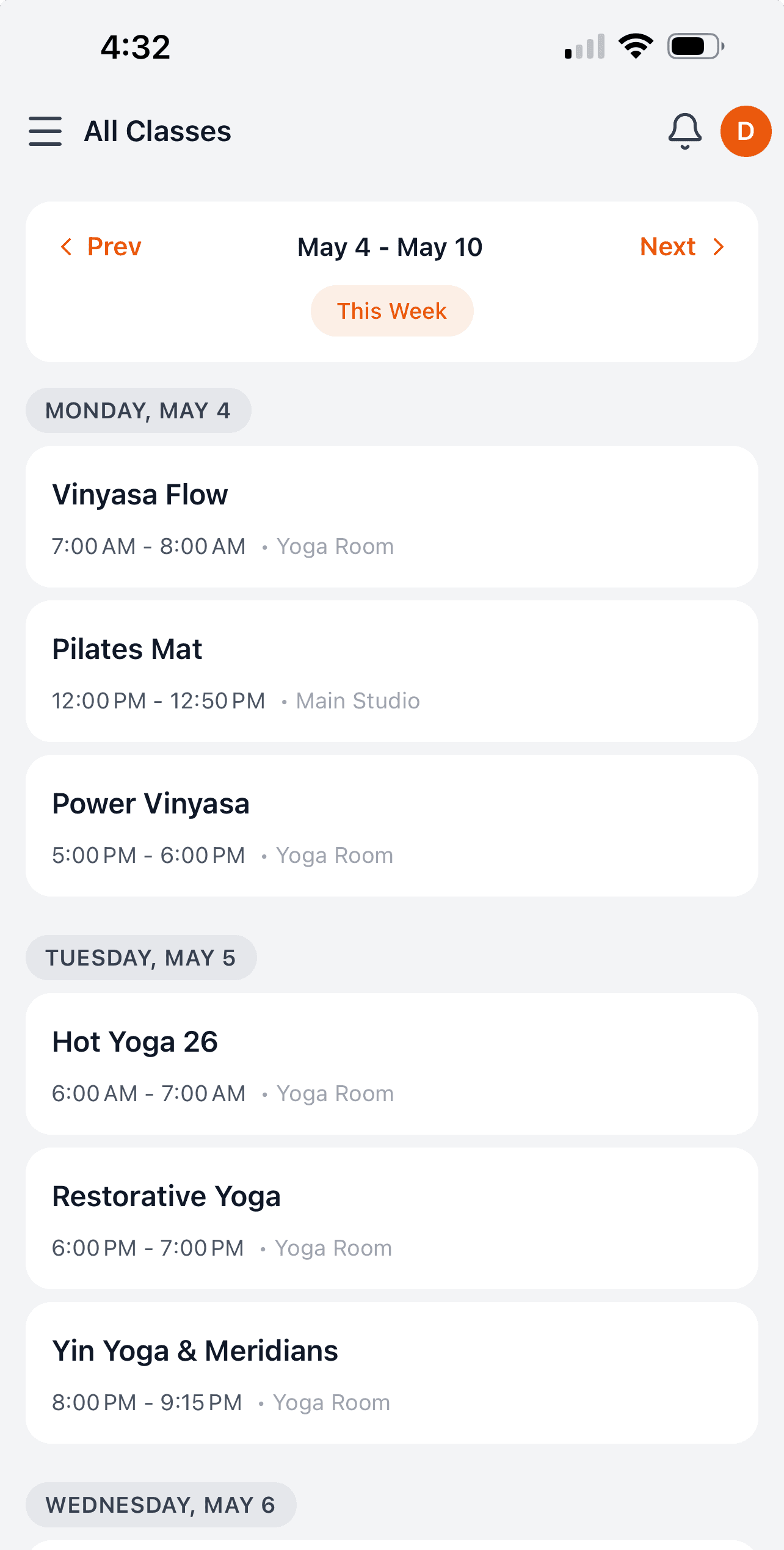 Flamingo mobile app — class list view